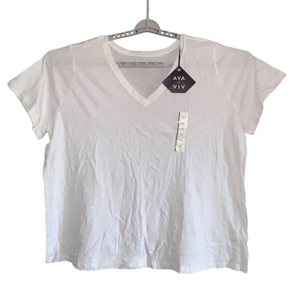 Ava & Viv Womens Plus Size White V-Neck Basic Tee Soft Cotton Casual Top - Picture 7 of 12